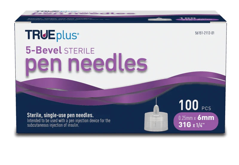 TRUEplus® Sterile, 5 Bevel Pen Needles, 31g, 6mm (1/4 inch)  (S8490)