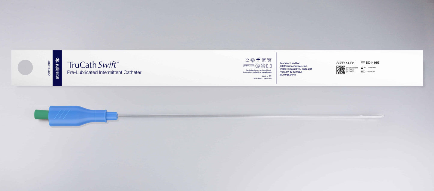 TruCath Swift™ Pre-lubricated Intermittent Catheter, 14 FR, 16'' Length TruProtect® Grip
