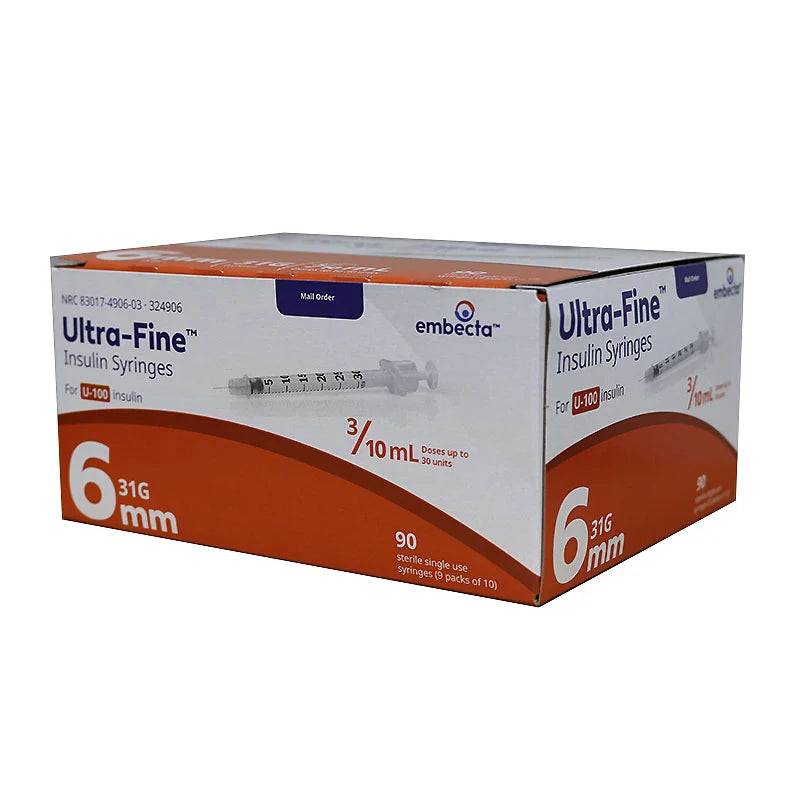 embecta™ Ultra-Fine™ Insulin Syringe U-100 6mm 31G, 3/10 cc, 90/bx